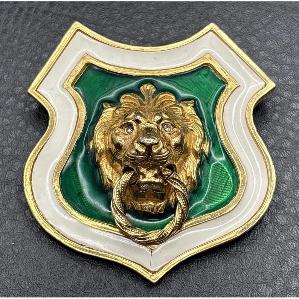 VTG Accessocraft NYC HUGE 80s Lion Leo Door Knocker Green Enamel Brooch Pin